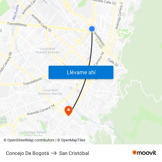 Concejo De Bogotá to San Cristóbal map