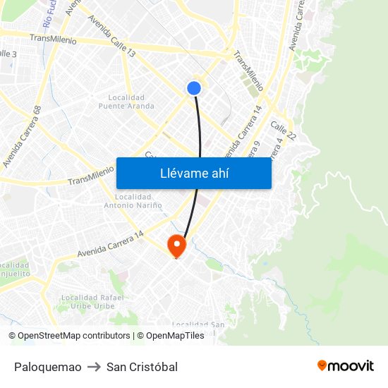 Paloquemao to San Cristóbal map