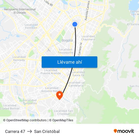 Carrera 47 to San Cristóbal map