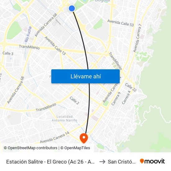 Estación Salitre - El Greco (Ac 26 - Ak 68) to San Cristóbal map