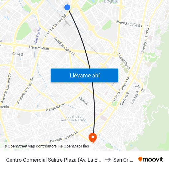 Centro Comercial Salitre Plaza (Av. La Esperanza - Kr 68a) to San Cristóbal map