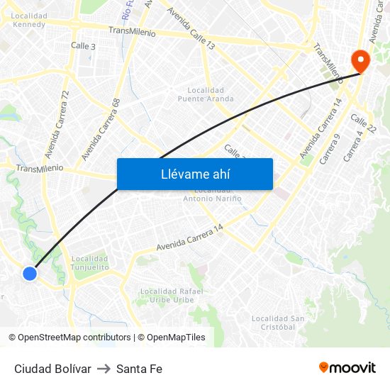 Ciudad Bolívar to Santa Fe map