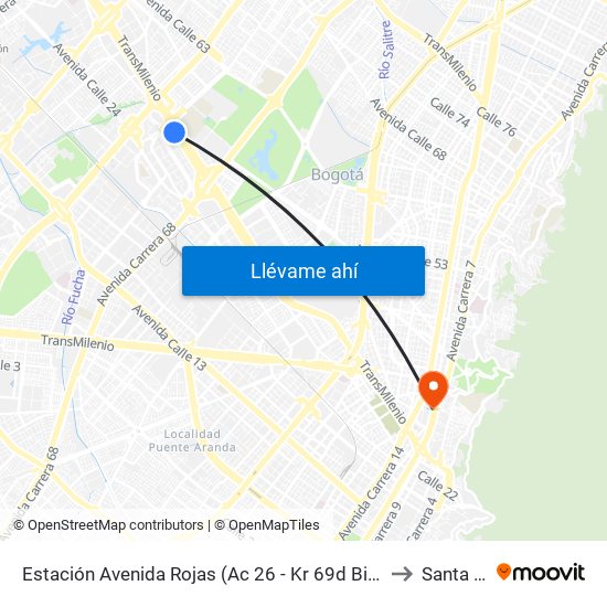 Estación Avenida Rojas (Ac 26 - Kr 69d Bis) (B) to Santa Fe map