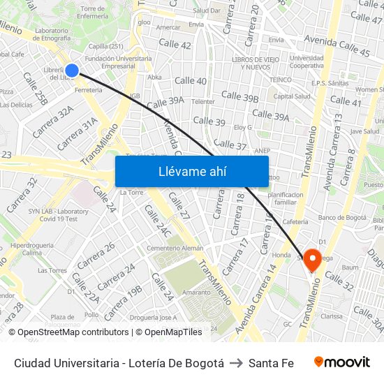 Ciudad Universitaria - Lotería De Bogotá to Santa Fe map