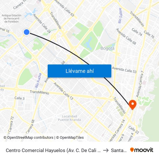 Centro Comercial Hayuelos (Av. C. De Cali - Cl 20) to Santa Fe map