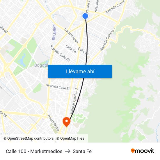 Calle 100 - Marketmedios to Santa Fe map