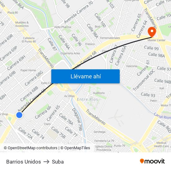 Barrios Unidos to Suba map