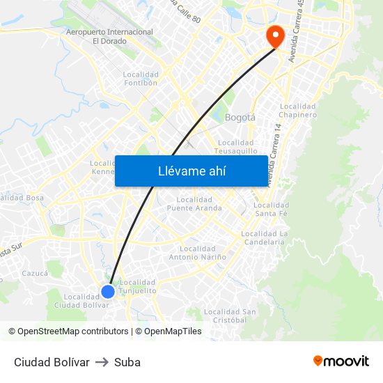Ciudad Bolívar to Suba map