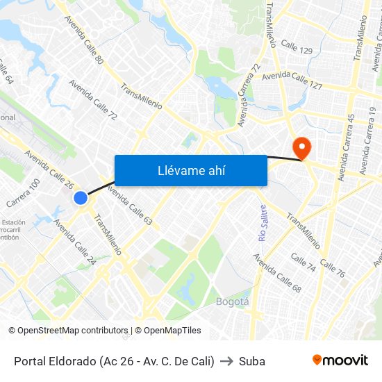 Portal Eldorado (Ac 26 - Av. C. De Cali) to Suba map