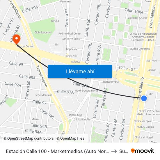 Estación Calle 100 - Marketmedios (Auto Norte - Cl 98) to Suba map