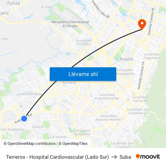Terreros - Hospital Cardiovascular (Lado Sur) to Suba map