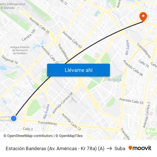 Estación Banderas (Av. Américas - Kr 78a) (A) to Suba map