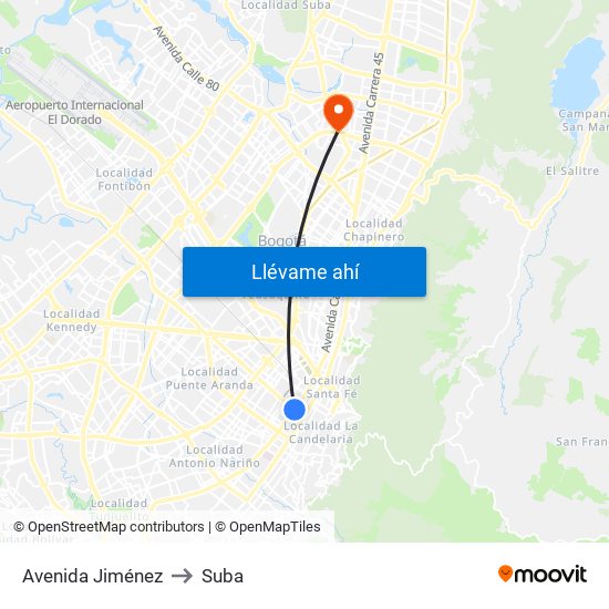 Avenida Jiménez to Suba map