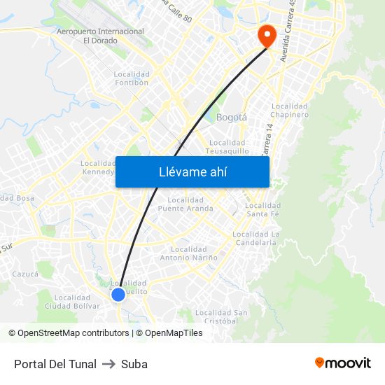 Portal Del Tunal to Suba map