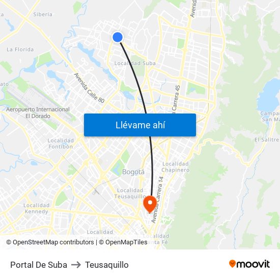 Portal De Suba to Teusaquillo map