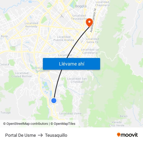 Portal De Usme to Teusaquillo map