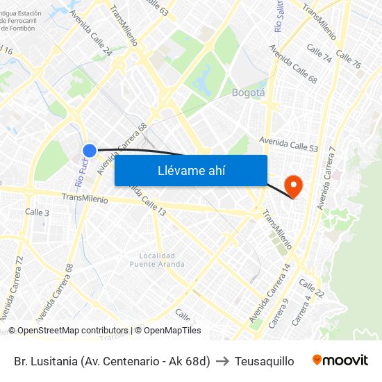 Br. Lusitania (Av. Centenario - Ak 68d) to Teusaquillo map