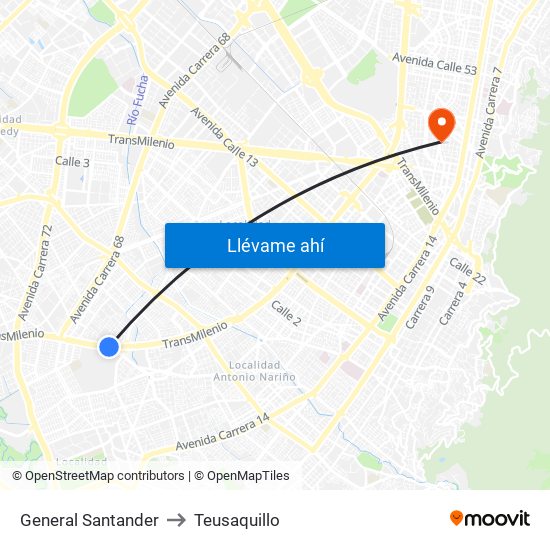 General Santander to Teusaquillo map