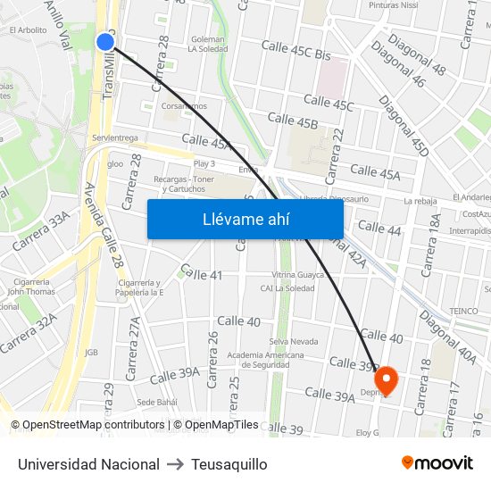 Universidad Nacional to Teusaquillo map