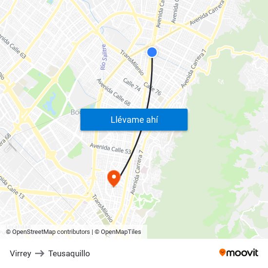 Virrey to Teusaquillo map