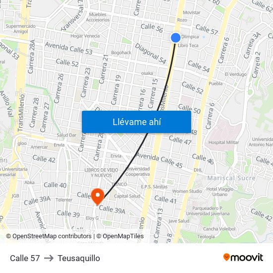 Calle 57 to Teusaquillo map