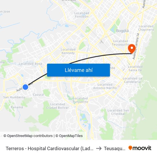 Terreros - Hospital Cardiovascular (Lado Sur) to Teusaquillo map