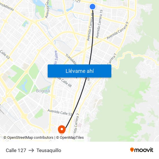 Calle 127 to Teusaquillo map