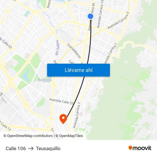 Calle 106 to Teusaquillo map