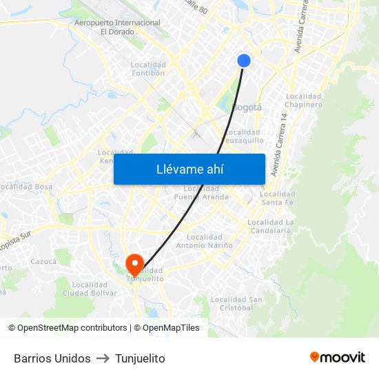 Barrios Unidos to Tunjuelito map