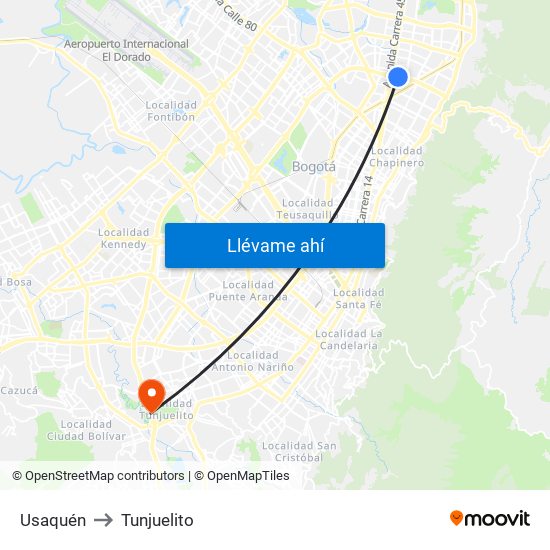 Usaquén to Tunjuelito map