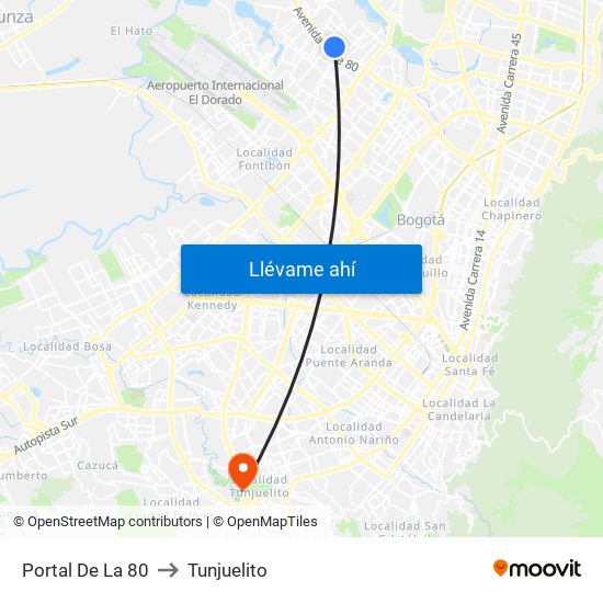 Portal De La 80 to Tunjuelito map