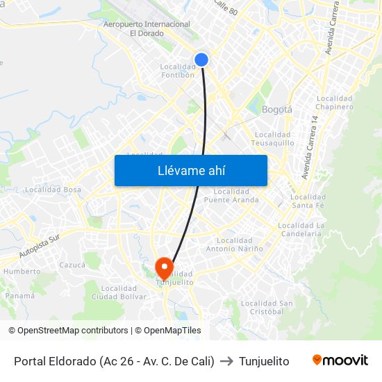 Portal Eldorado (Ac 26 - Av. C. De Cali) to Tunjuelito map