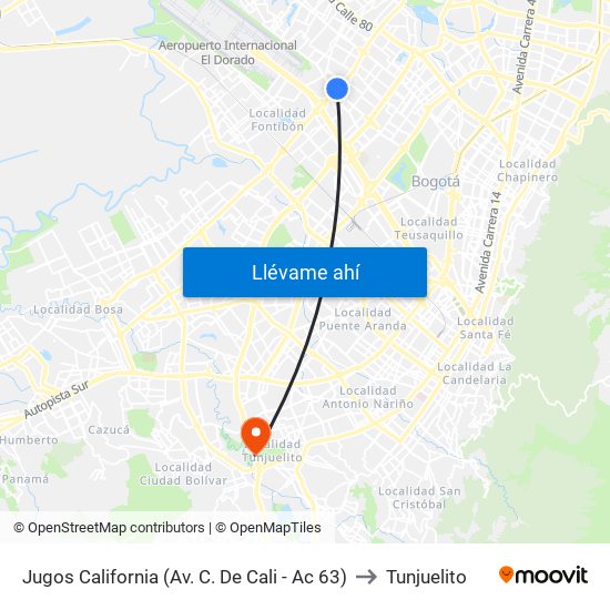 Jugos California (Av. C. De Cali - Ac 63) to Tunjuelito map