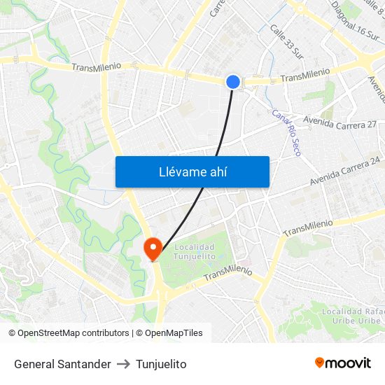 General Santander to Tunjuelito map