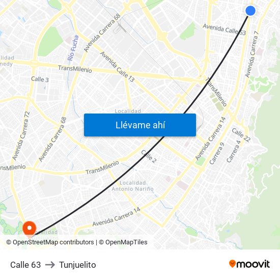 Calle 63 to Tunjuelito map