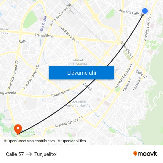 Calle 57 to Tunjuelito map