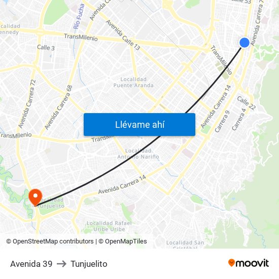 Avenida 39 to Tunjuelito map