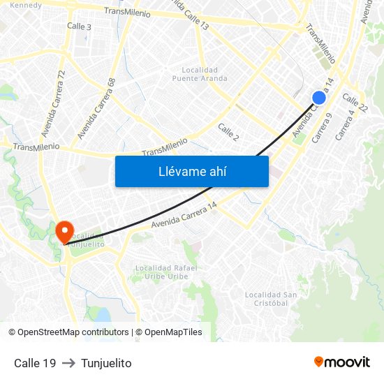 Calle 19 to Tunjuelito map