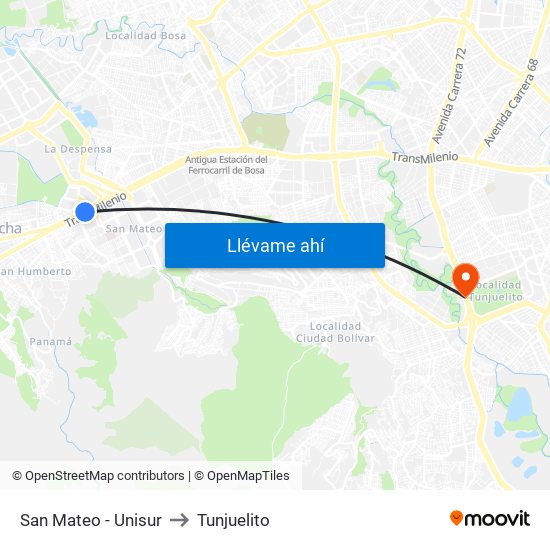 San Mateo - Unisur to Tunjuelito map