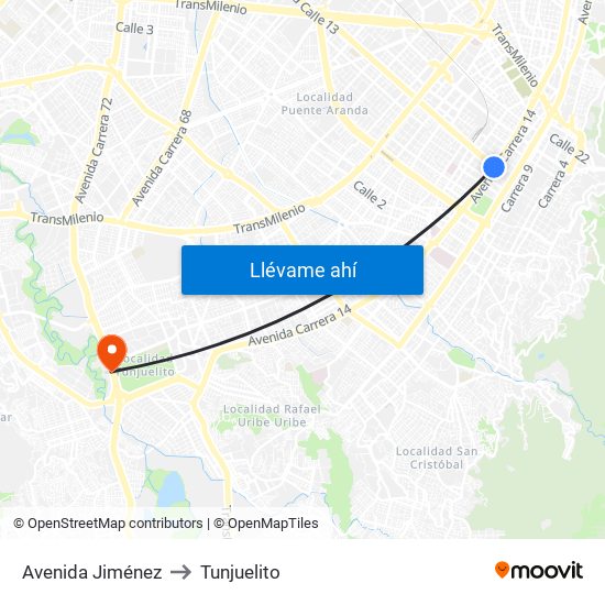 Avenida Jiménez to Tunjuelito map