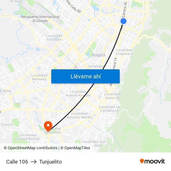 Calle 106 to Tunjuelito map