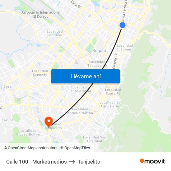 Calle 100 - Marketmedios to Tunjuelito map