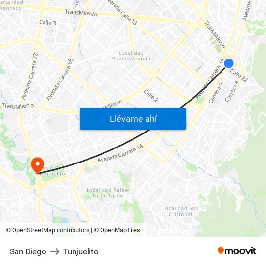 San Diego to Tunjuelito map