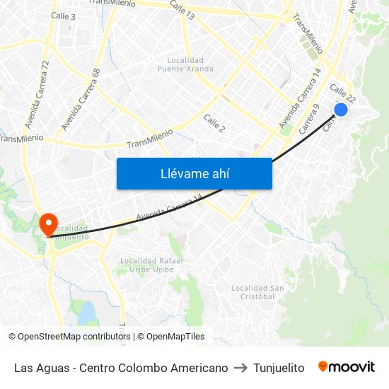 Las Aguas - Centro Colombo Americano to Tunjuelito map