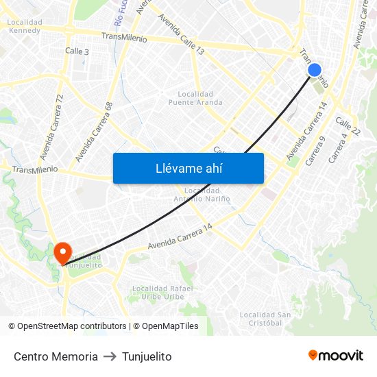 Centro Memoria to Tunjuelito map