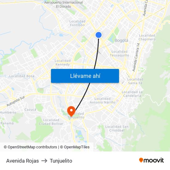 Avenida Rojas to Tunjuelito map