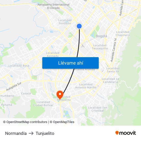 Normandía to Tunjuelito map