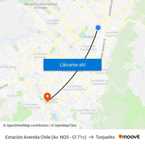 Estación Avenida Chile (Av. NQS - Cl 71c) to Tunjuelito map