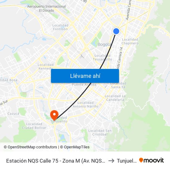 Estación NQS Calle 75 - Zona M (Av. NQS - Cl 75) to Tunjuelito map