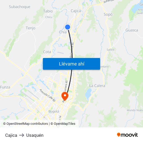 Cajica to Usaquén map